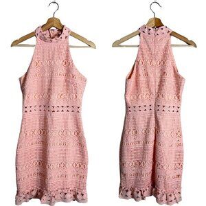 Two Sisters Crochet Overlay Midi Dress Women's 4 Pink Sheer High Neck Cocktail